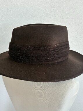 Eugenia Kim Wool Felt Hat Brimmed Fedora Metallic Glitter Tulle